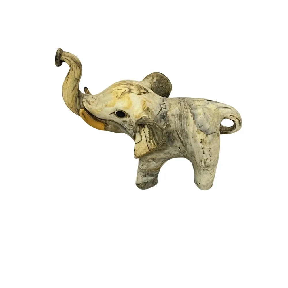 Vintage‎  Elephant Figurine Unisex OS Cream Marbled Trunk Up Lucky Decor